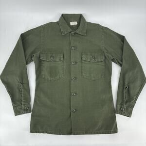 Vintage US Army OG 107 Shirt 14.5x33 Green Selma Military Sateen Utility 70s USA